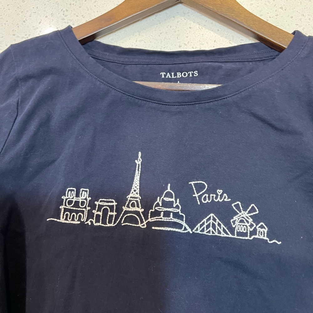 Talbots Navy Blue Paris Skyline Embroidered Tee